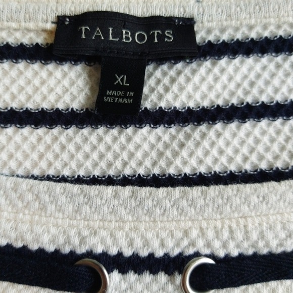 Talbots 100% Cotton Ivory Navy Blue Stripe 3/4 Sleeve Textured Top Nautical - Picture 6 of 7